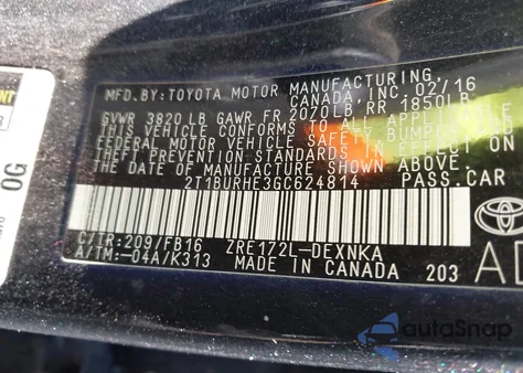 2016 Toyota Corolla Le z USA, uszkodzony, nr VIN 2T1BURHE3GC624814